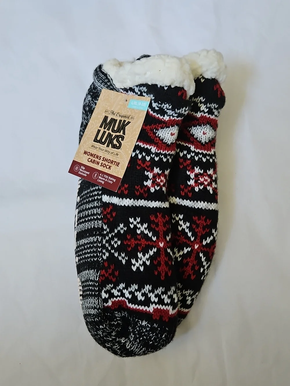 Muk Luks Black, White & Red Knit Sherpa-Lined Cold Weather Cabin Shortie Socks